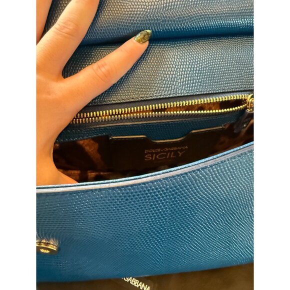 Dolce & Gabbana Blue Iguana Embossed Leather Crystal DG Logo Medium Miss Sicily - Picture 3 of 8